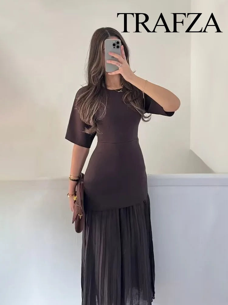 TRAFZA Women Elegant Half Sleeves O-Collar Pleated Dress Spring Woman Rear Zipper Splicing Vintage Casual Knitted Long Dress