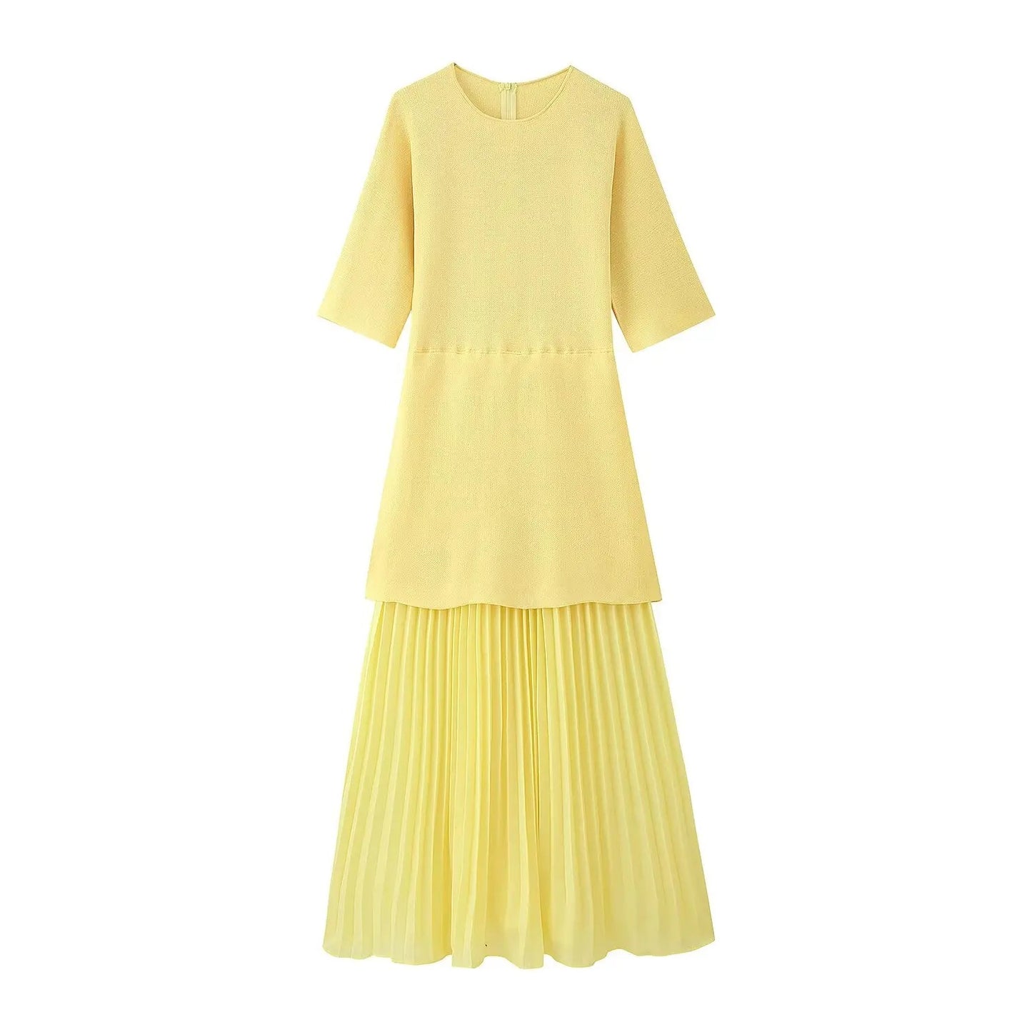 TRAFZA Women Elegant Half Sleeves O-Collar Pleated Dress Spring Woman Rear Zipper Splicing Vintage Casual Knitted Long Dress