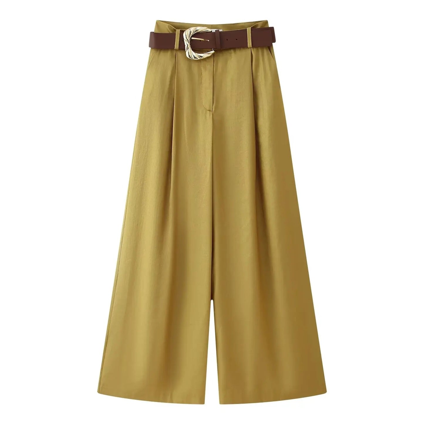 TRAFZA Women New Fashion Solid Belt Wrinkles Decorate Casual Loose Trousers Female Chic Zipper Side Pocket Slim Wide Leg Pants