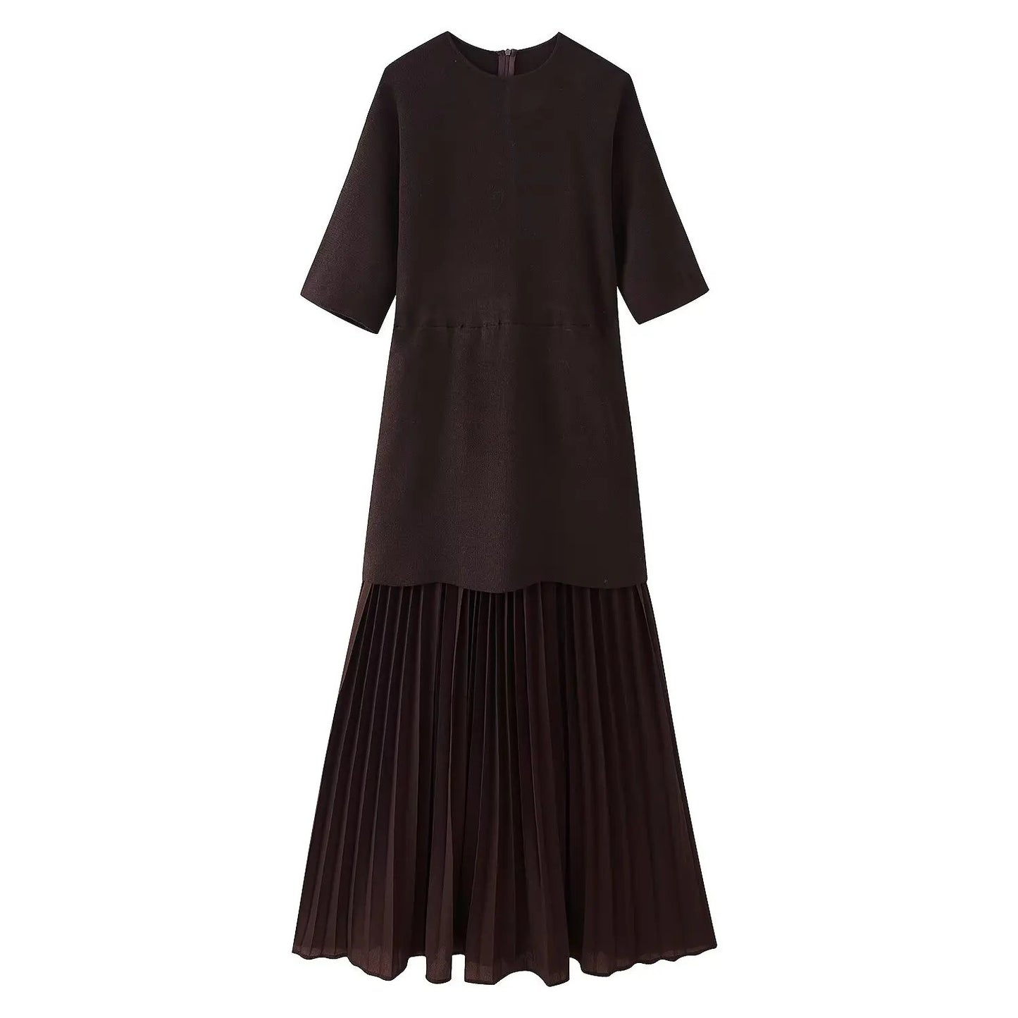 TRAFZA Women Elegant Half Sleeves O-Collar Pleated Dress Spring Woman Rear Zipper Splicing Vintage Casual Knitted Long Dress