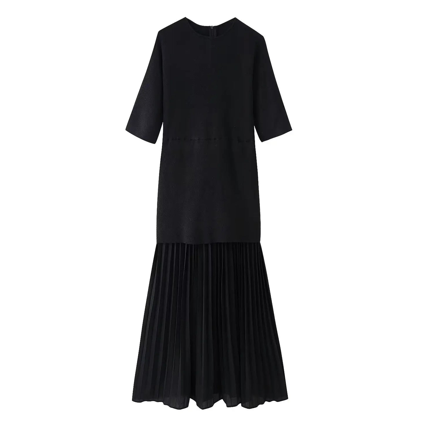TRAFZA Women Elegant Half Sleeves O-Collar Pleated Dress Spring Woman Rear Zipper Splicing Vintage Casual Knitted Long Dress