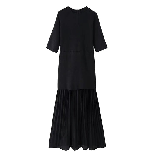 TRAFZA Women Elegant Half Sleeves O-Collar Pleated Dress Spring Woman Rear Zipper Splicing Vintage Casual Knitted Long Dress