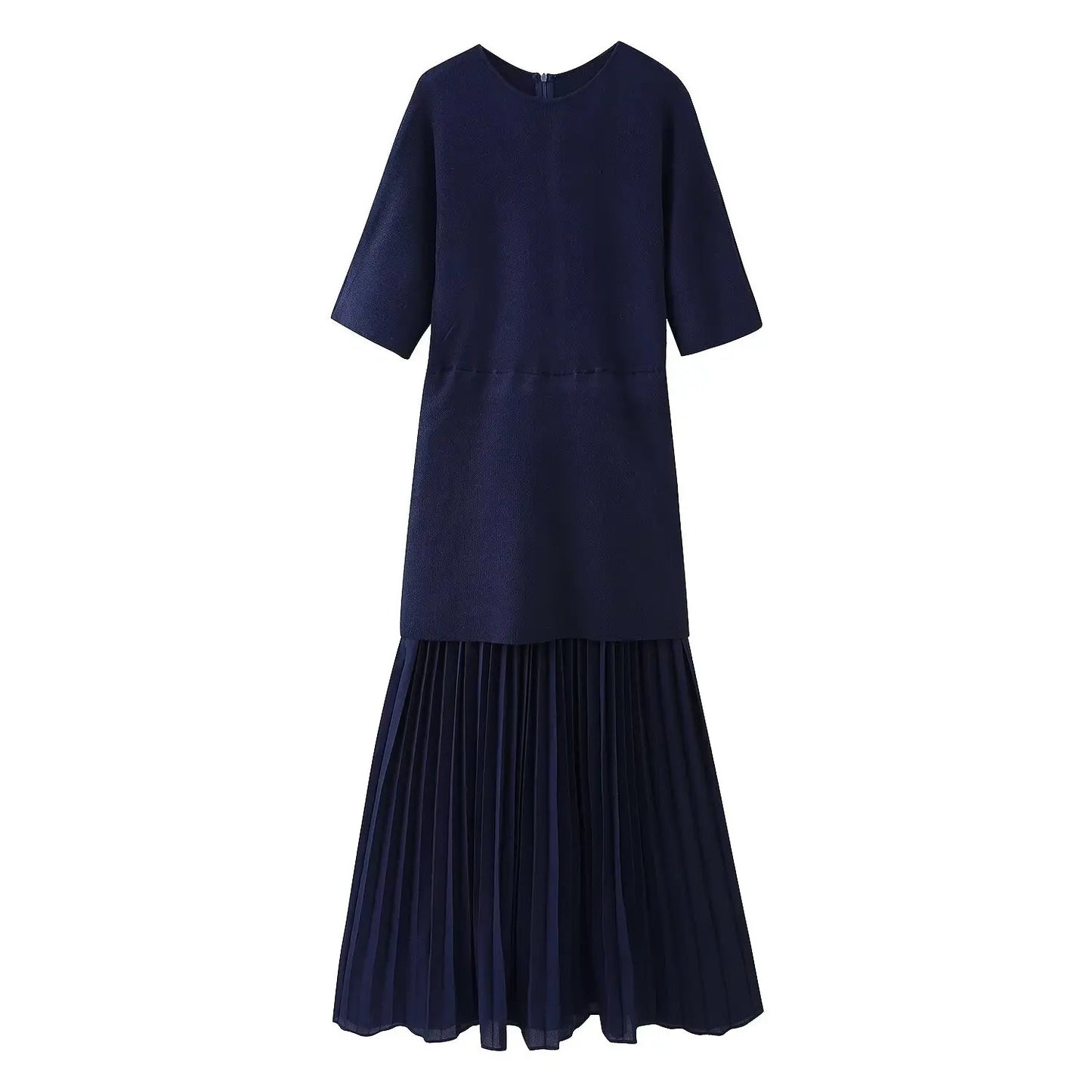 TRAFZA Women Elegant Half Sleeves O-Collar Pleated Dress Spring Woman Rear Zipper Splicing Vintage Casual Knitted Long Dress