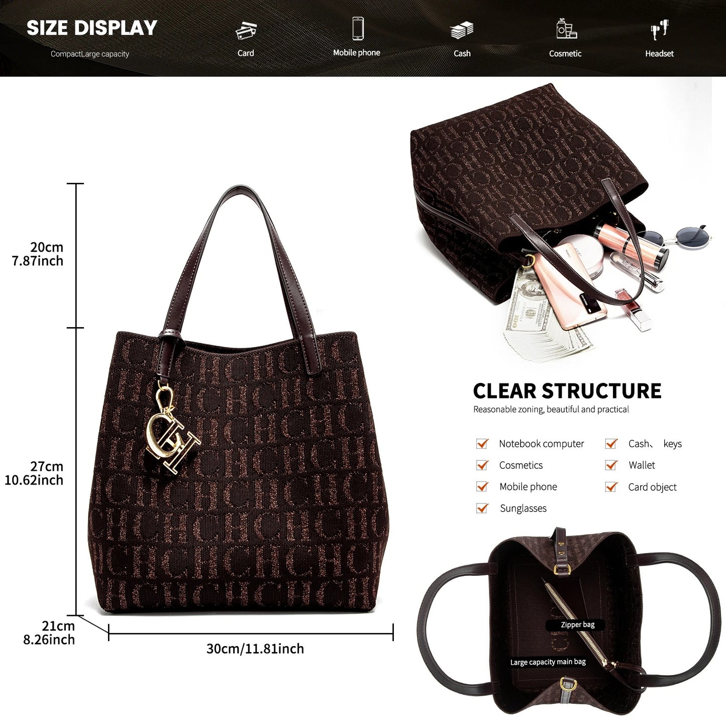 Fashion New Solid Color Women's Bucket Bag Large Capacity Letter Design Small Card Bag Accessories Handbag
