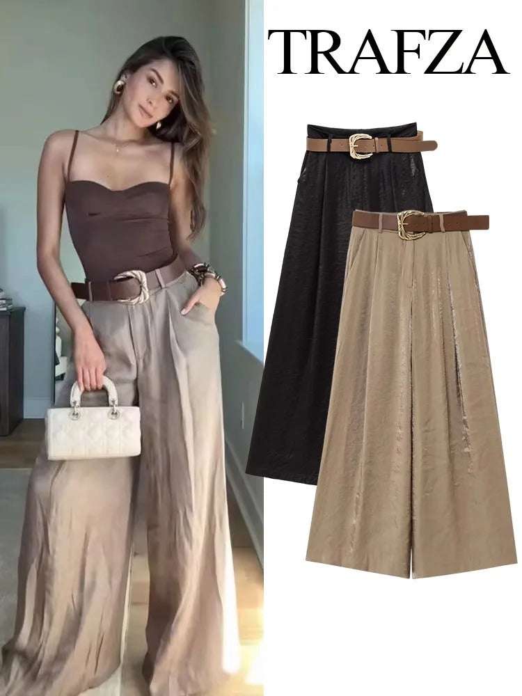 TRAFZA Women New Fashion Solid Belt Wrinkles Decorate Casual Loose Trousers Female Chic Zipper Side Pocket Slim Wide Leg Pants