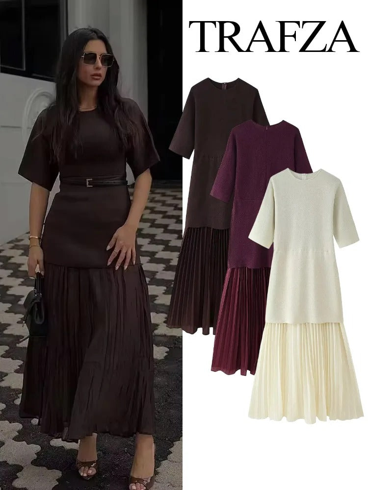 TRAFZA Women Elegant Half Sleeves O-Collar Pleated Dress Spring Woman Rear Zipper Splicing Vintage Casual Knitted Long Dress