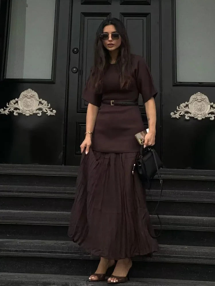 TRAFZA Women Elegant Half Sleeves O-Collar Pleated Dress Spring Woman Rear Zipper Splicing Vintage Casual Knitted Long Dress