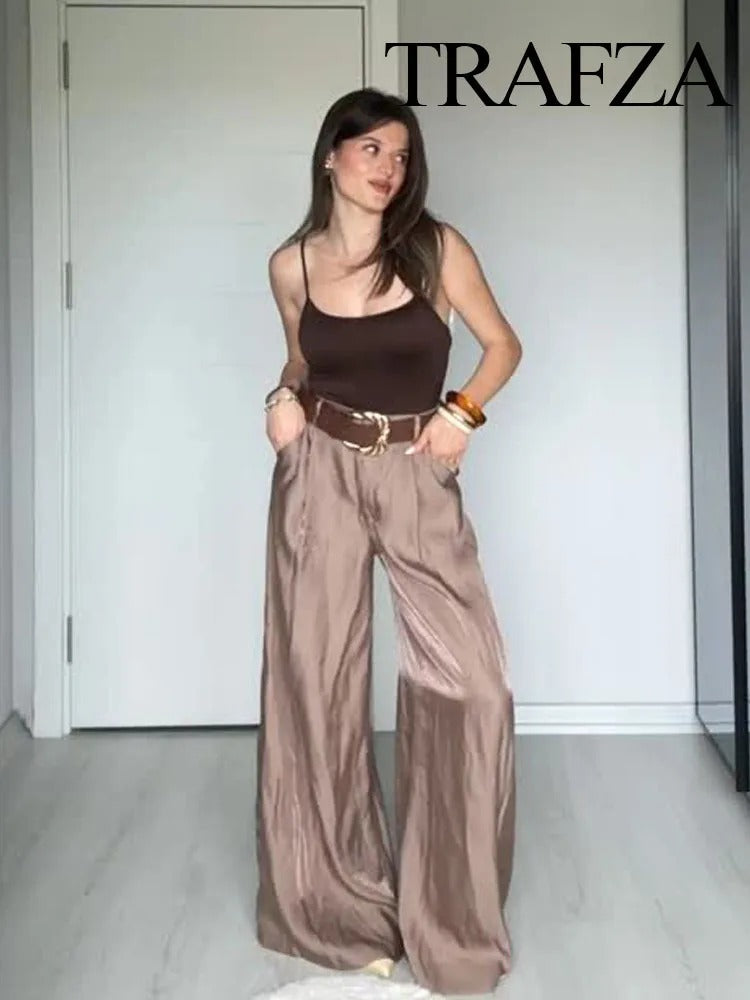 TRAFZA Women New Fashion Solid Belt Wrinkles Decorate Casual Loose Trousers Female Chic Zipper Side Pocket Slim Wide Leg Pants