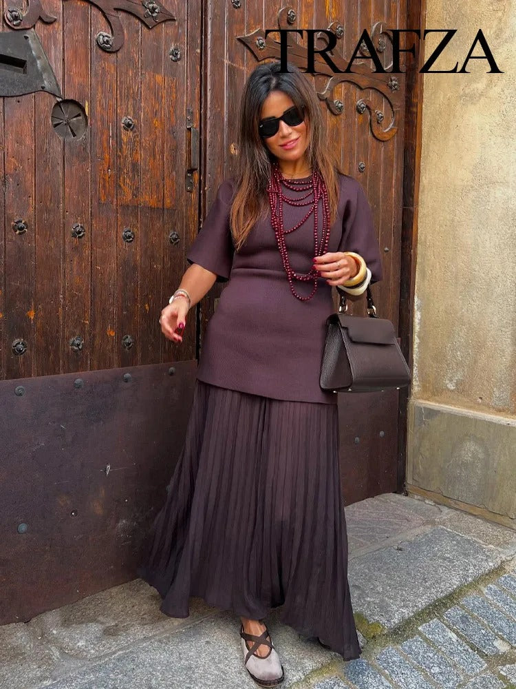 TRAFZA Women Elegant Half Sleeves O-Collar Pleated Dress Spring Woman Rear Zipper Splicing Vintage Casual Knitted Long Dress