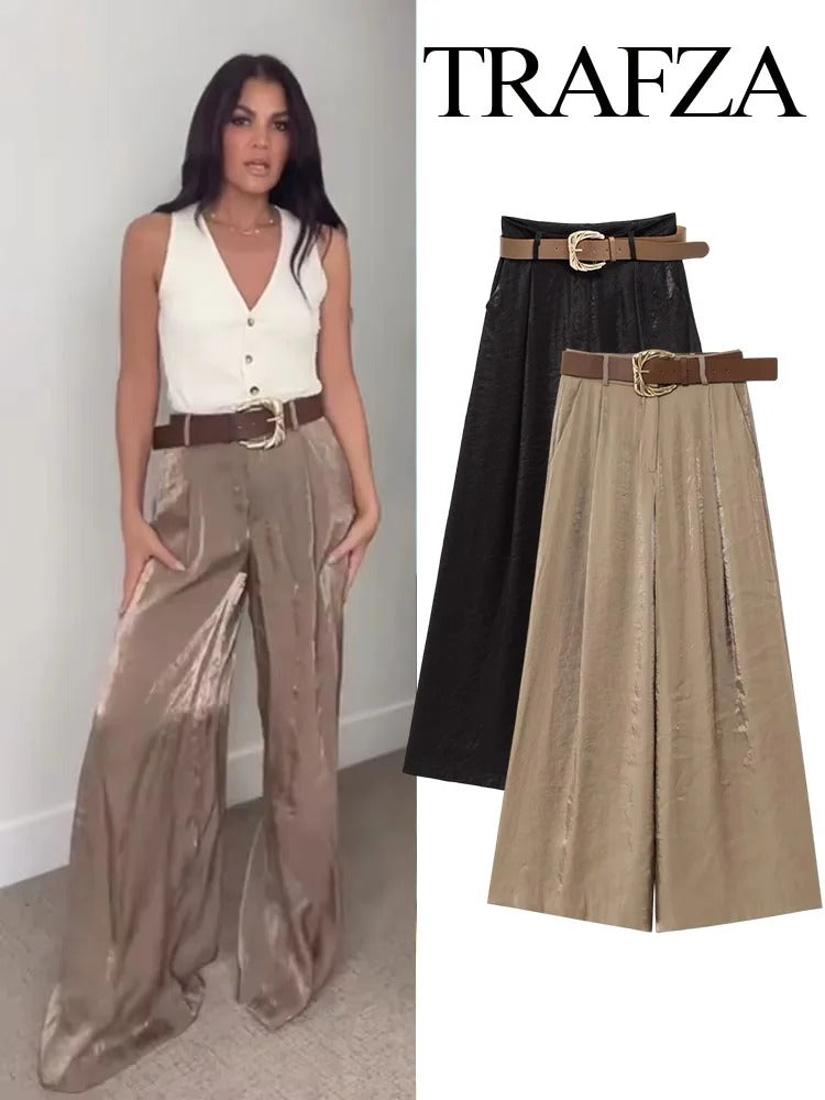 TRAFZA Women New Fashion Solid Belt Wrinkles Decorate Casual Loose Trousers Female Chic Zipper Side Pocket Slim Wide Leg Pants