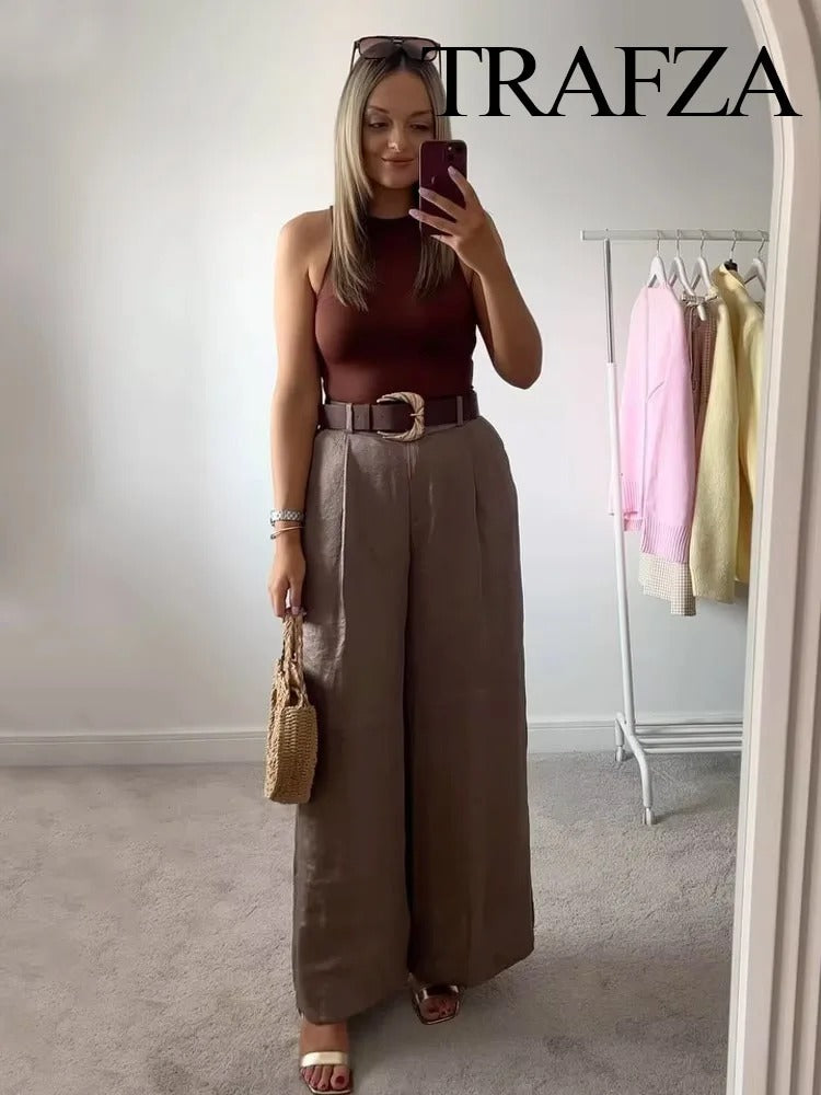 TRAFZA Women New Fashion Solid Belt Wrinkles Decorate Casual Loose Trousers Female Chic Zipper Side Pocket Slim Wide Leg Pants