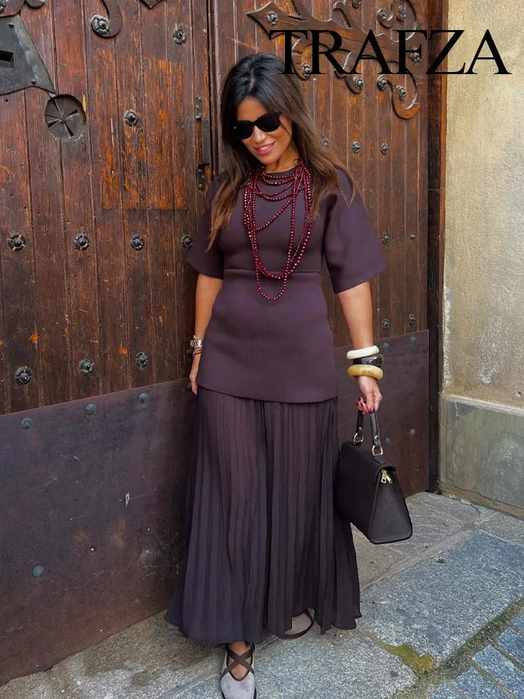 TRAFZA Women Elegant Half Sleeves O-Collar Pleated Dress Spring Woman Rear Zipper Splicing Vintage Casual Knitted Long Dress