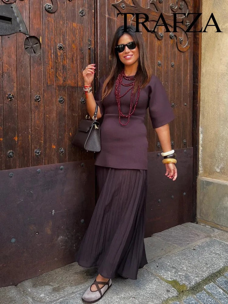 TRAFZA Women Elegant Half Sleeves O-Collar Pleated Dress Spring Woman Rear Zipper Splicing Vintage Casual Knitted Long Dress