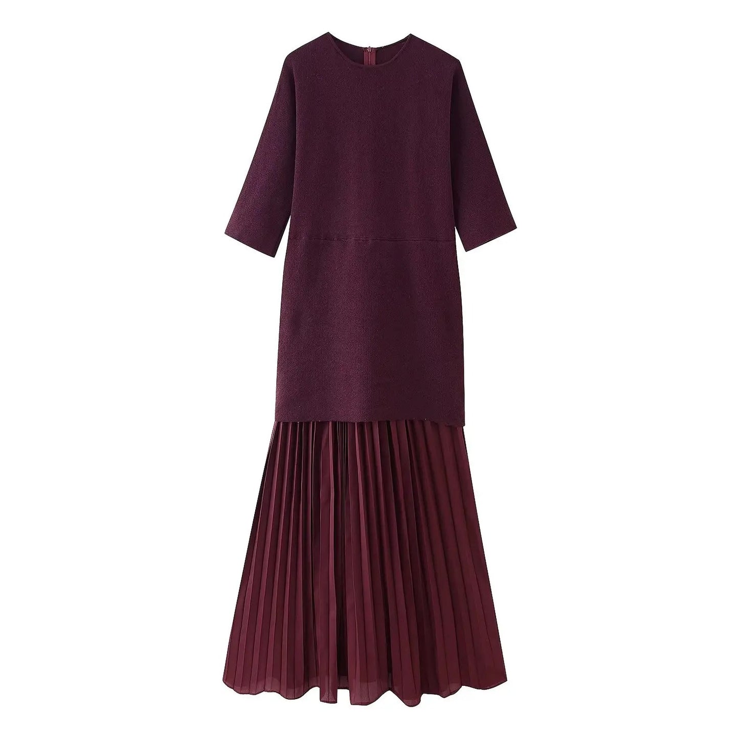 TRAFZA Women Elegant Half Sleeves O-Collar Pleated Dress Spring Woman Rear Zipper Splicing Vintage Casual Knitted Long Dress